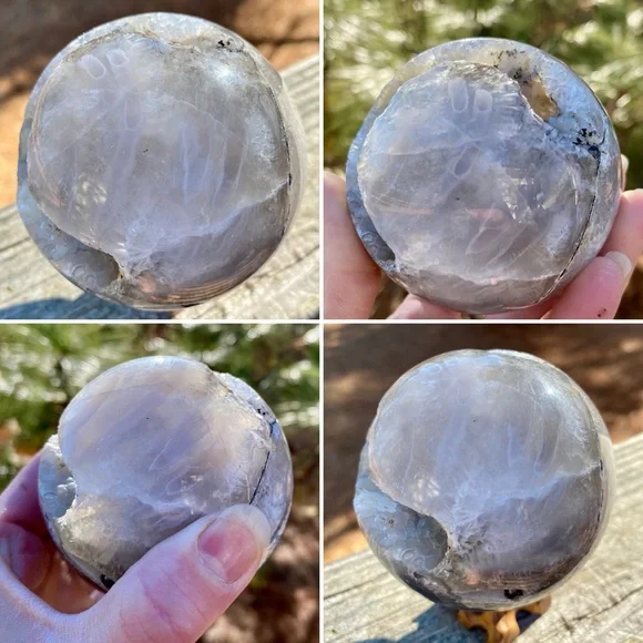 Large HQ Polished UV Reactive Volcano Agate Sphere w/ Wooden Stand - Picture 7 of 16